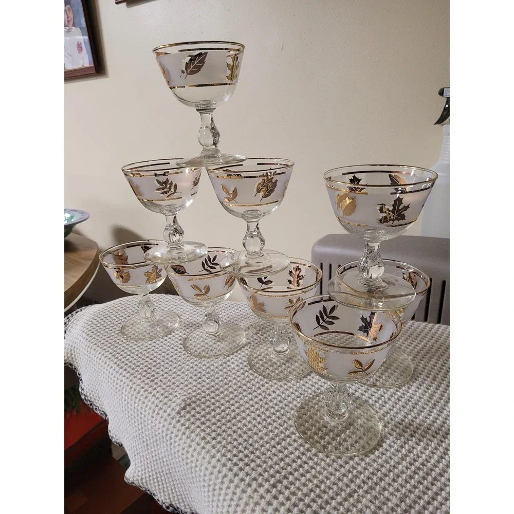 Vintage Mid-Century Frosted Gold Leaf‎ Champagne Coupe Sherbet Glasses Set of 14